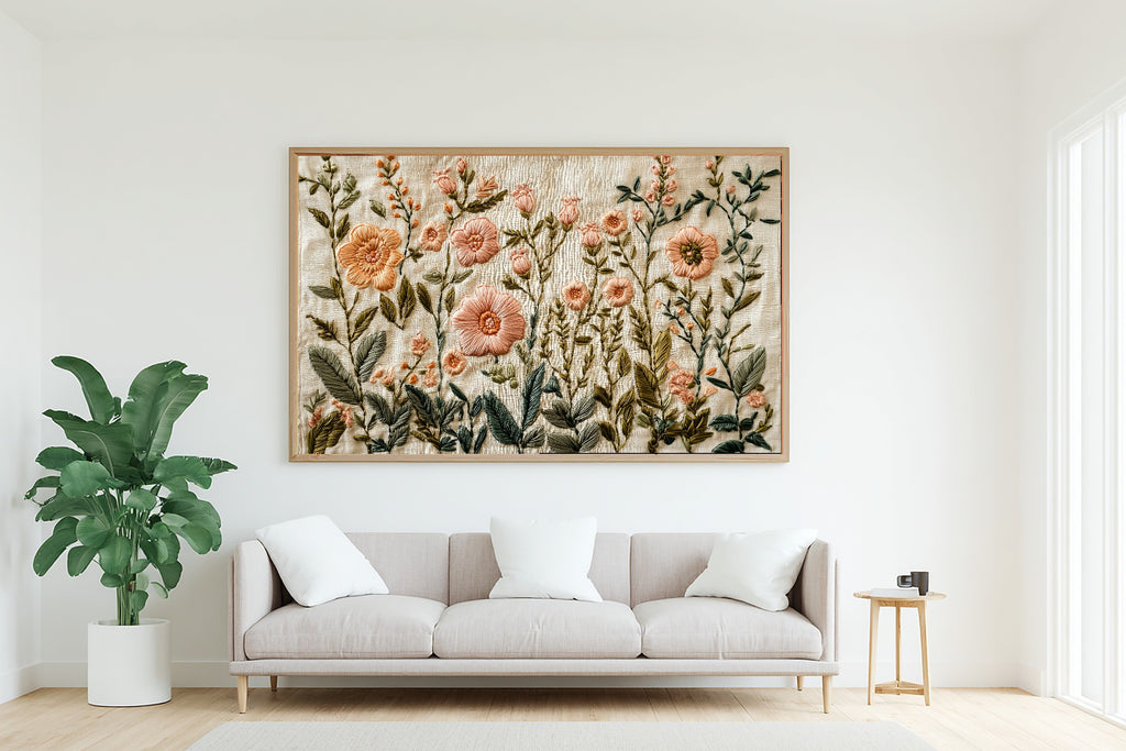 Embroidered Garden Cream Linen Canvas Print, Soft Meadow Print Home Decor, Reading Nook Centerpiece, Ready to Hang — embroidered-garden-cream-linen-living-room-wall-art.jpg