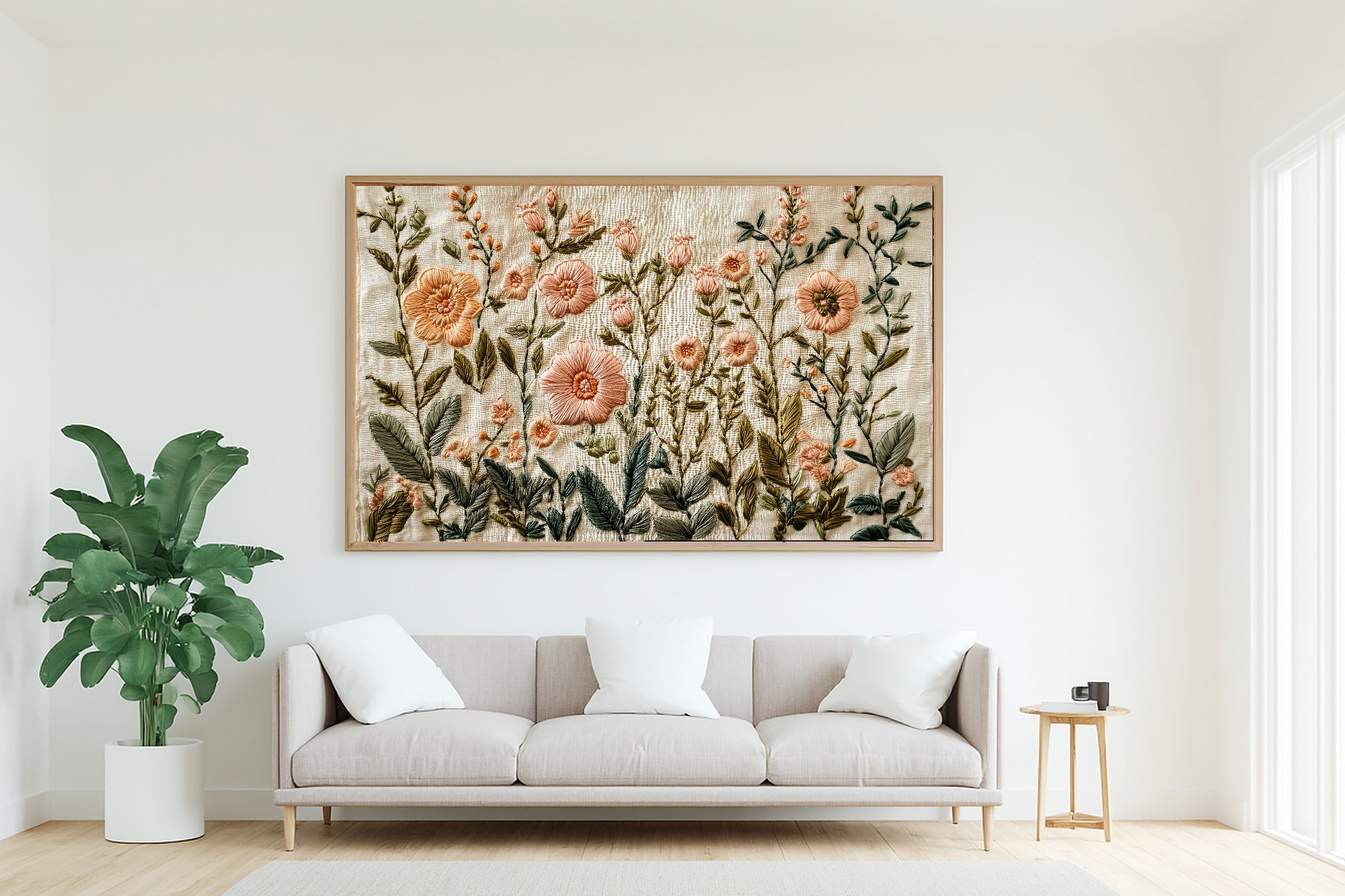 Embroidered Garden Cream Linen Canvas Print, Soft Meadow Print Home Decor, Reading Nook Centerpiece, Ready to Hang — embroidered-garden-cream-linen-living-room-wall-art.jpg