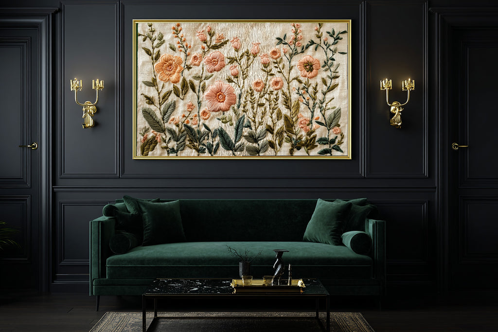 Embroidered Garden Cream Linen Canvas Print, Soft Meadow Print Home Decor, Reading Nook Centerpiece, Ready to Hang — embroidered-garden-cream-linen-office-wall-art.jpg