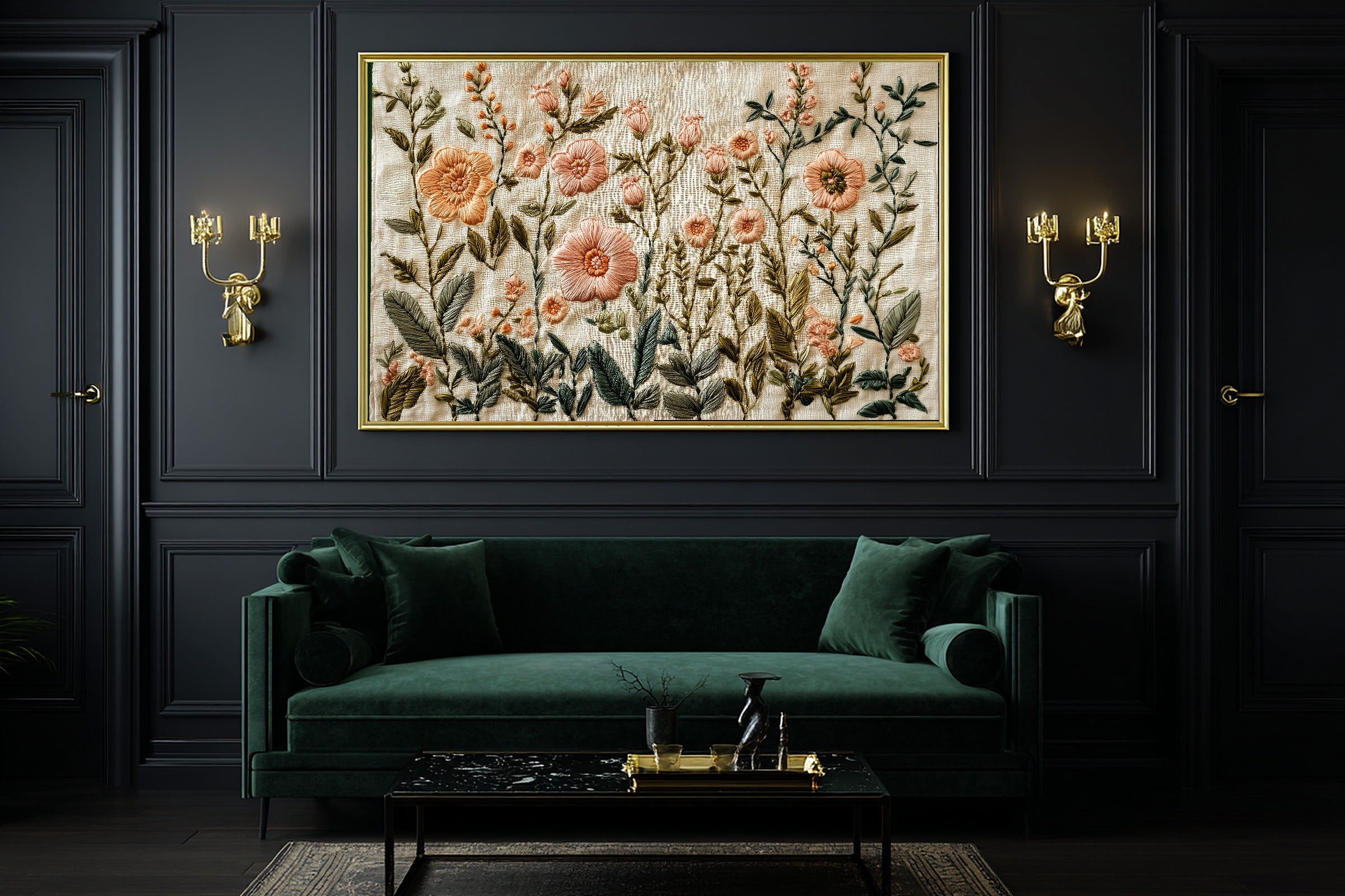 Embroidered Garden Cream Linen Canvas Print, Soft Meadow Print Home Decor, Reading Nook Centerpiece, Ready to Hang — embroidered-garden-cream-linen-office-wall-art.jpg