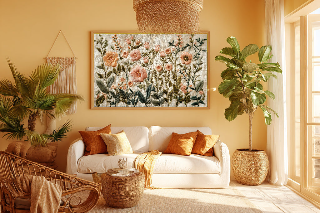 Embroidered Garden Cream Linen Canvas Print, Soft Meadow Print Home Decor, Reading Nook Centerpiece, Ready to Hang — embroidered-garden-cream-linen-room-5-wall-art.jpg