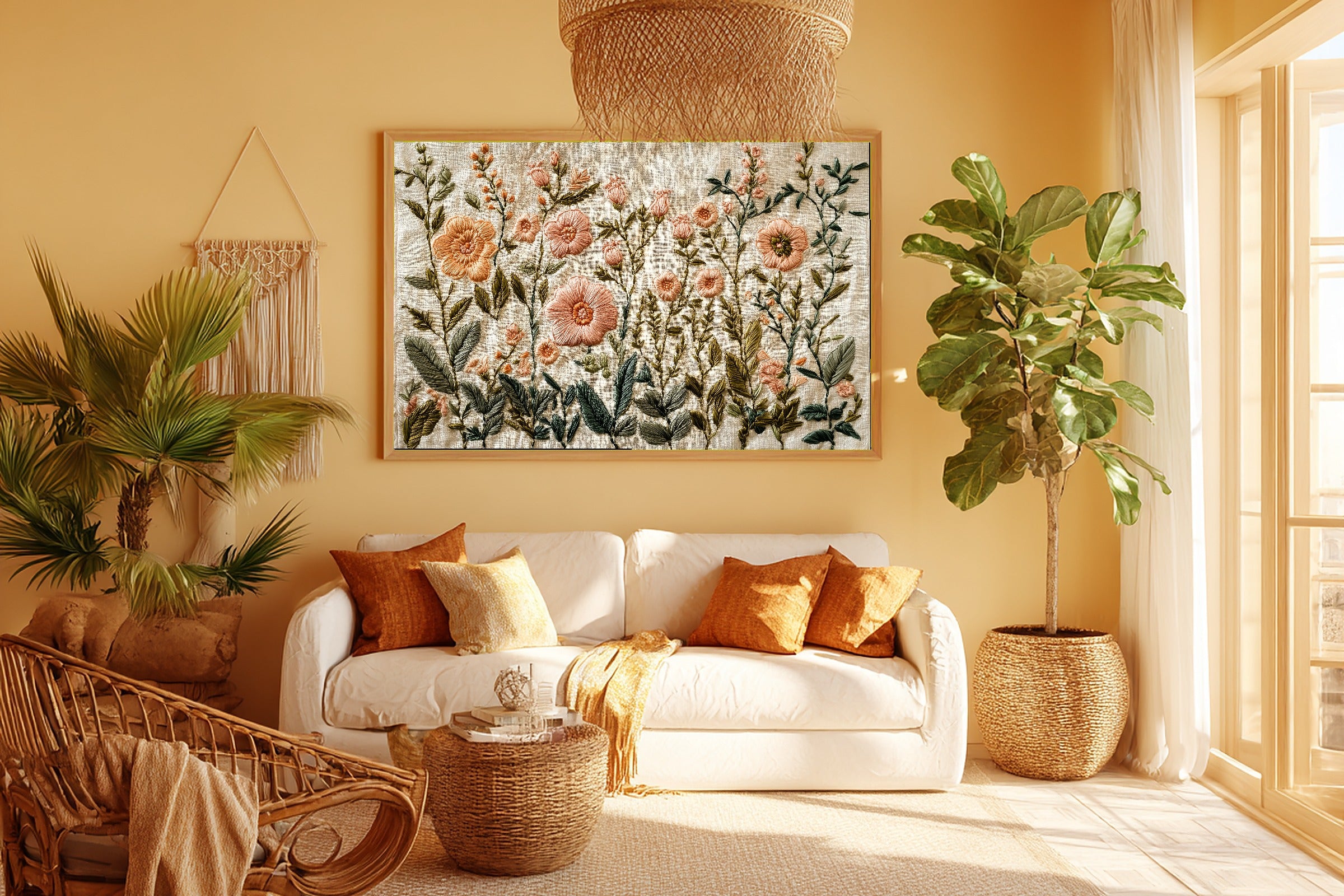 Embroidered Garden Cream Linen Canvas Print, Soft Meadow Print Home Decor, Reading Nook Centerpiece, Ready to Hang — embroidered-garden-cream-linen-room-5-wall-art.jpg
