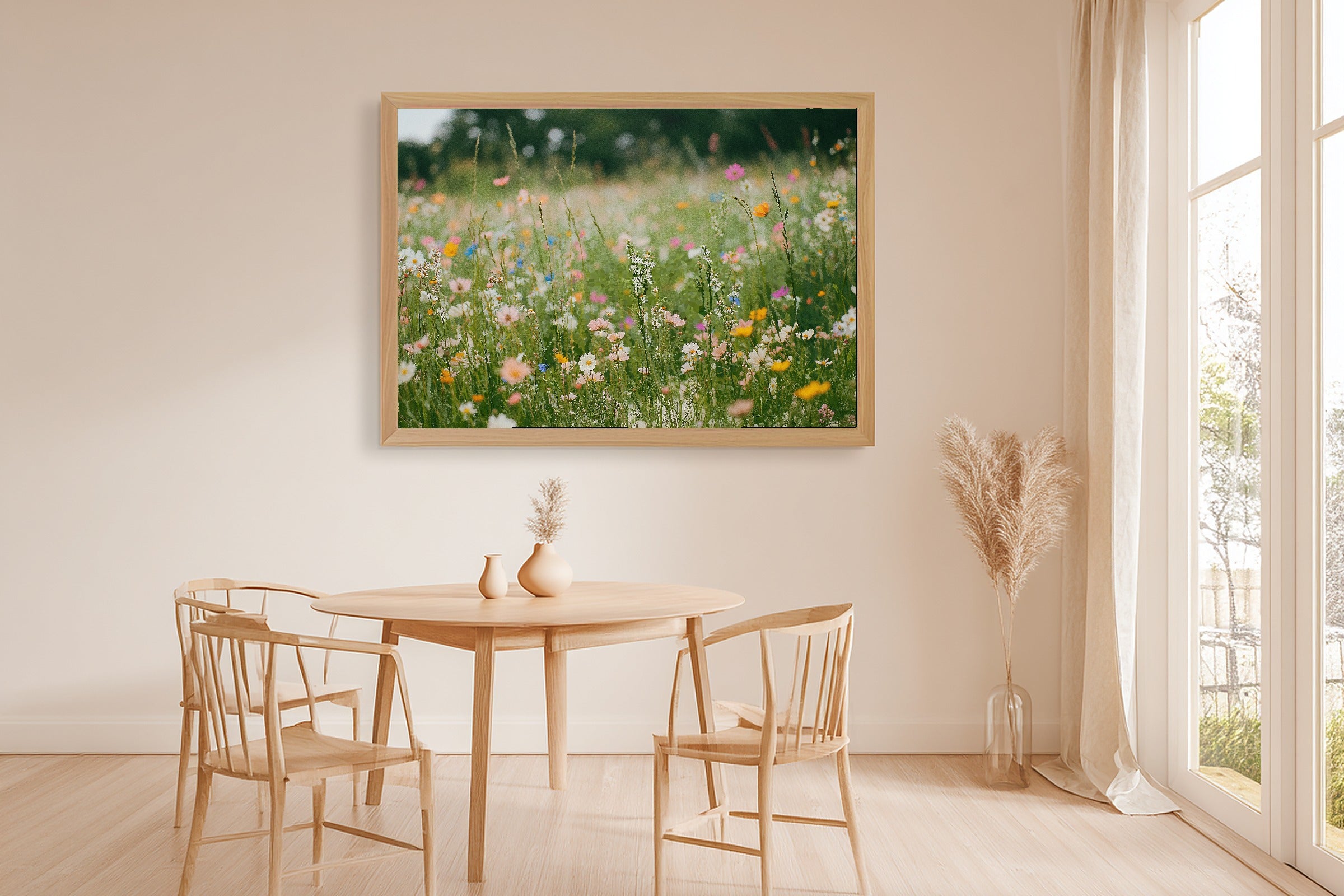 Embroidery Wildflower Meadow Painted Giclée Canvas Print, Soft Meadow Print, Warm Sunlit Meadow Artwork, Elegant Hostess Gift — embroidery-wildflower-meadow-painted-dining-room-wall-art.jpg