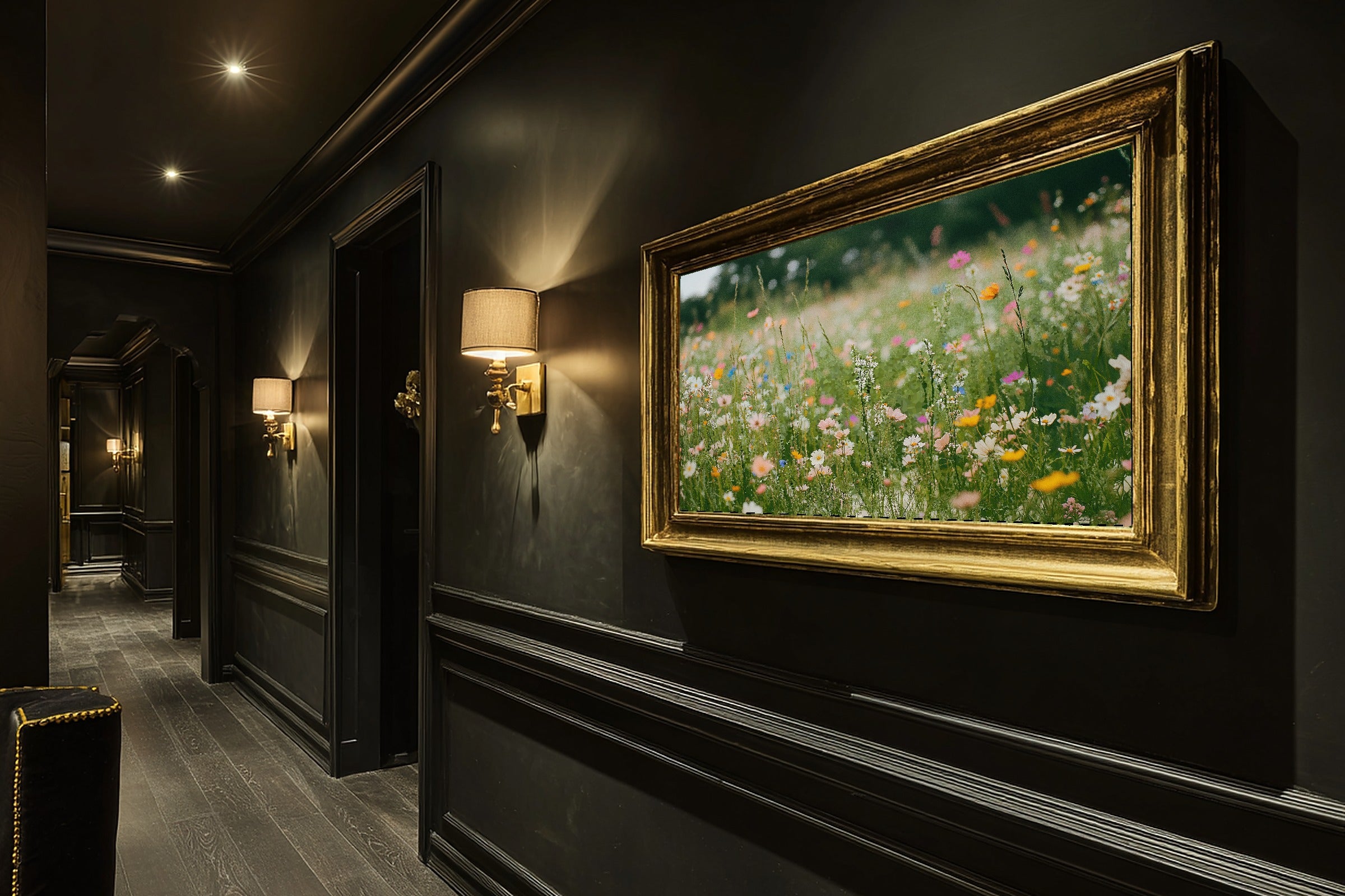 Embroidery Wildflower Meadow Painted Giclée Canvas Print, Soft Meadow Print, Warm Sunlit Meadow Artwork, Elegant Hostess Gift — embroidery-wildflower-meadow-painted-hallway-wall-art.jpg