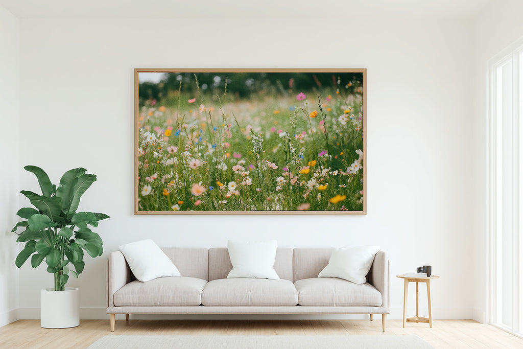 Embroidery Wildflower Meadow Painted Giclée Canvas Print, Soft Meadow Print, Warm Sunlit Meadow Artwork, Elegant Hostess Gift — embroidery-wildflower-meadow-painted-living-room-wall-art.jpg