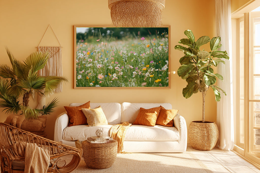 Embroidery Wildflower Meadow Painted Giclée Canvas Print, Soft Meadow Print, Warm Sunlit Meadow Artwork, Elegant Hostess Gift — embroidery-wildflower-meadow-painted-room-5-wall-art.jpg