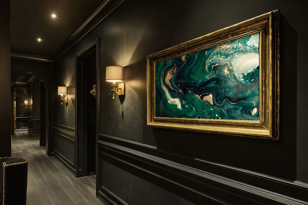 Luxe Modern Emerald Gold Marble Luxe Canvas Wall Art — Gilded Print for the Home Office, A Gift the Modern-Home Friend Will Adore — emerald-gold-marble-luxe-hallway-wall-art.jpg