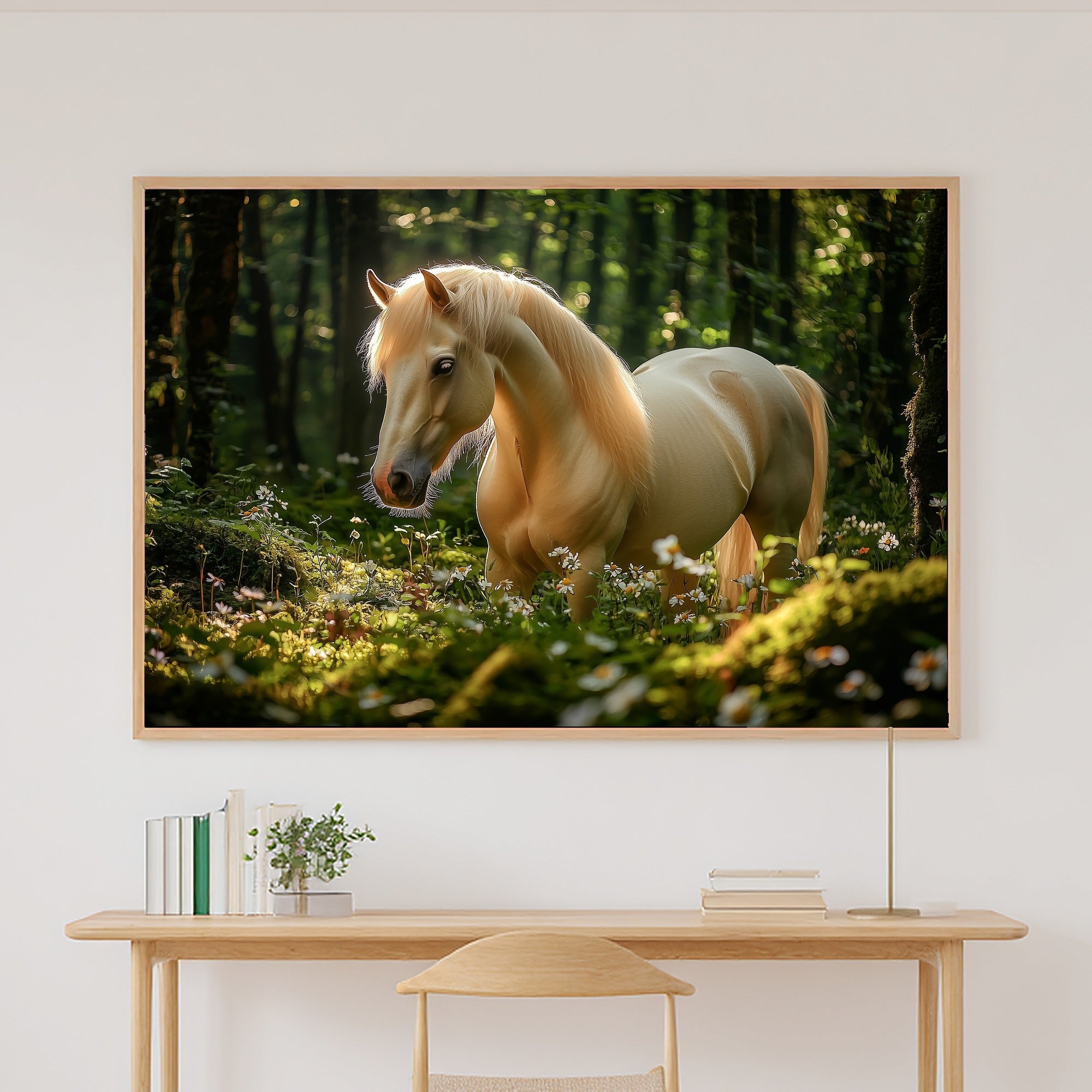 Enchanted Horse Mossy Forest Stretched Canvas Print, Soft Woodland Glow, Reading Nook Focal Point, Premium Canvas, Elegant Hostess Gift — enchanted-horse-mossy-forest-canvas-print.jpg