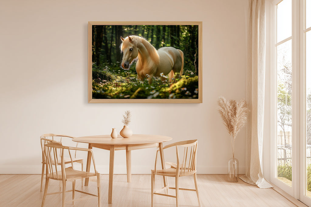 Enchanted Horse Mossy Forest Stretched Canvas Print, Soft Woodland Glow, Reading Nook Focal Point, Premium Canvas, Elegant Hostess Gift — enchanted-horse-mossy-forest-dining-room-wall-art.jpg