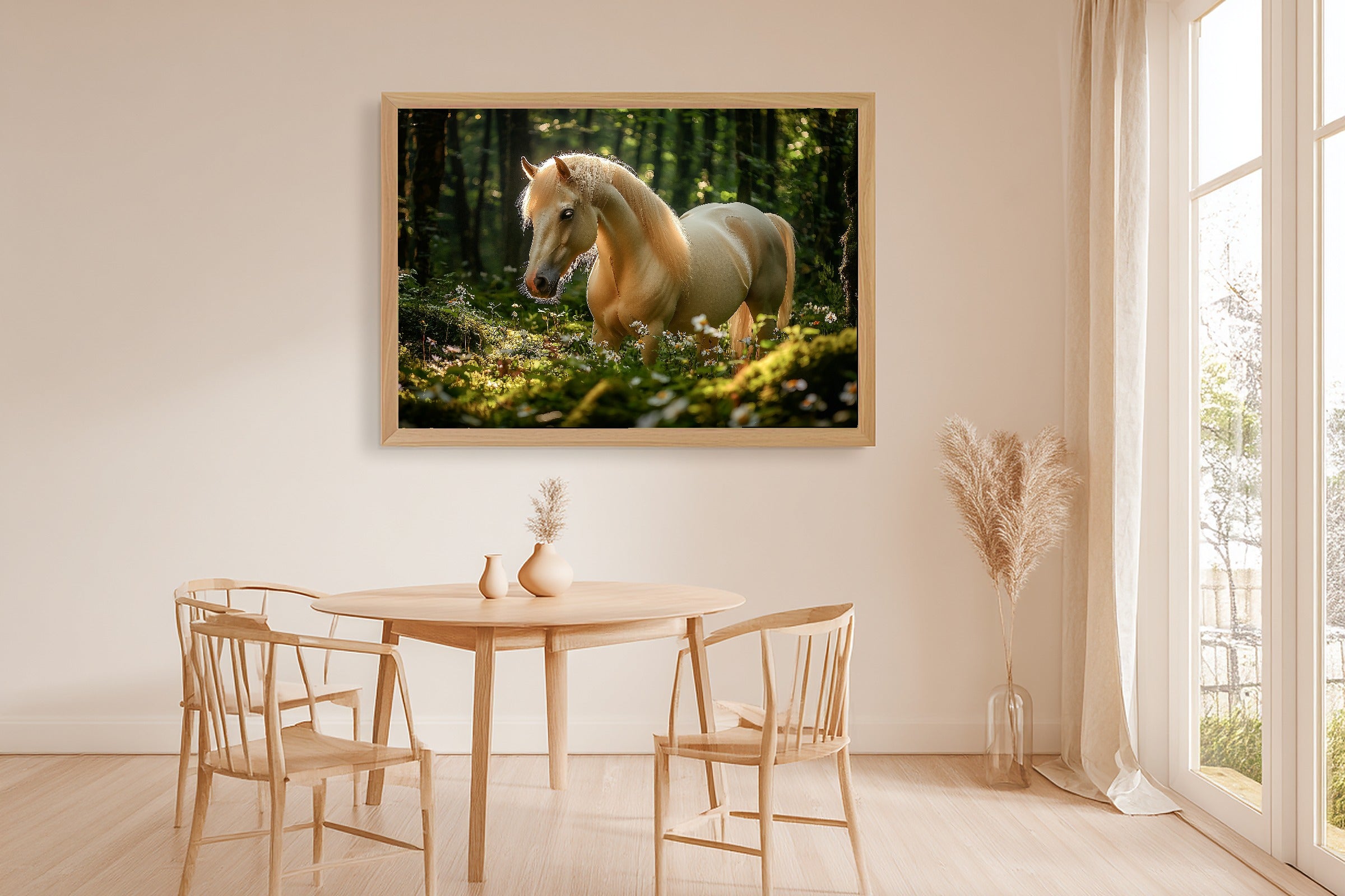 Enchanted Horse Mossy Forest Stretched Canvas Print, Soft Woodland Glow, Reading Nook Focal Point, Premium Canvas, Elegant Hostess Gift — enchanted-horse-mossy-forest-dining-room-wall-art.jpg