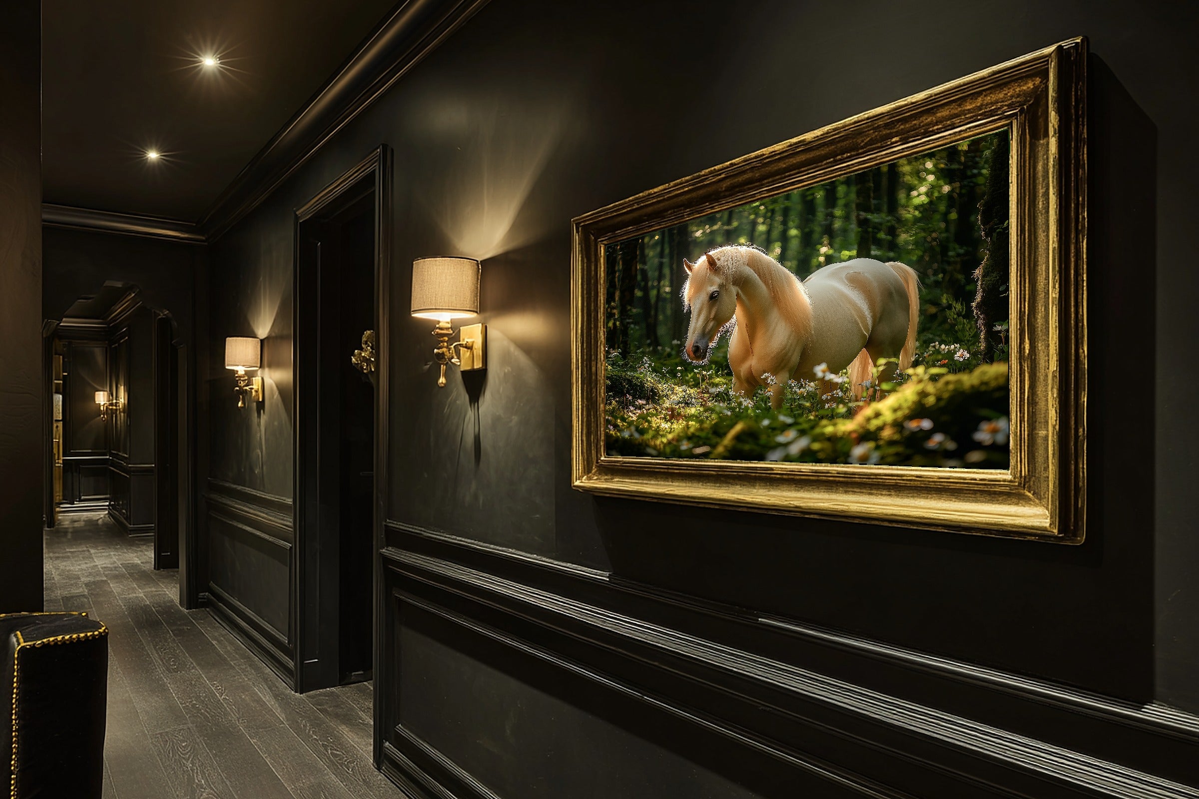Enchanted Horse Mossy Forest Stretched Canvas Print, Soft Woodland Glow, Reading Nook Focal Point, Premium Canvas, Elegant Hostess Gift — enchanted-horse-mossy-forest-hallway-wall-art.jpg