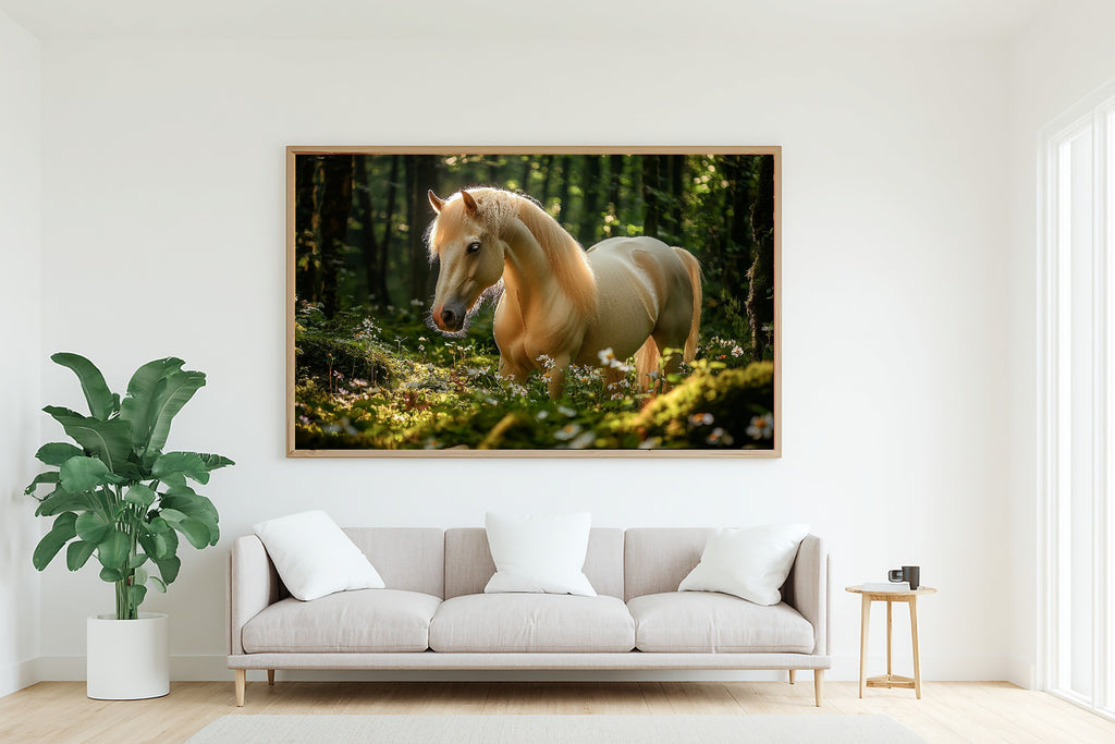 Enchanted Horse Mossy Forest Stretched Canvas Print, Soft Woodland Glow, Reading Nook Focal Point, Premium Canvas, Elegant Hostess Gift — enchanted-horse-mossy-forest-living-room-wall-art.jpg