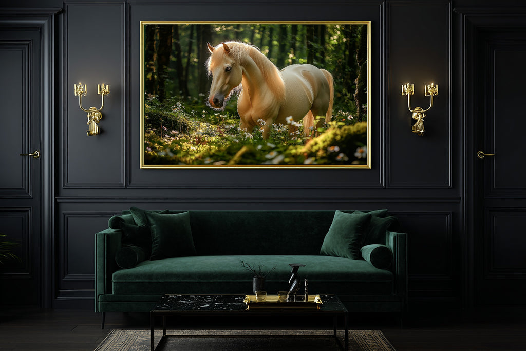 Enchanted Horse Mossy Forest Stretched Canvas Print, Soft Woodland Glow, Reading Nook Focal Point, Premium Canvas, Elegant Hostess Gift — enchanted-horse-mossy-forest-office-wall-art.jpg
