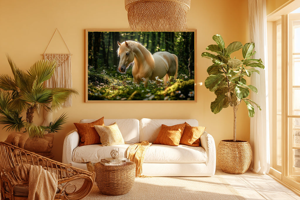 Enchanted Horse Mossy Forest Stretched Canvas Print, Soft Woodland Glow, Reading Nook Focal Point, Premium Canvas, Elegant Hostess Gift — enchanted-horse-mossy-forest-room-5-wall-art.jpg