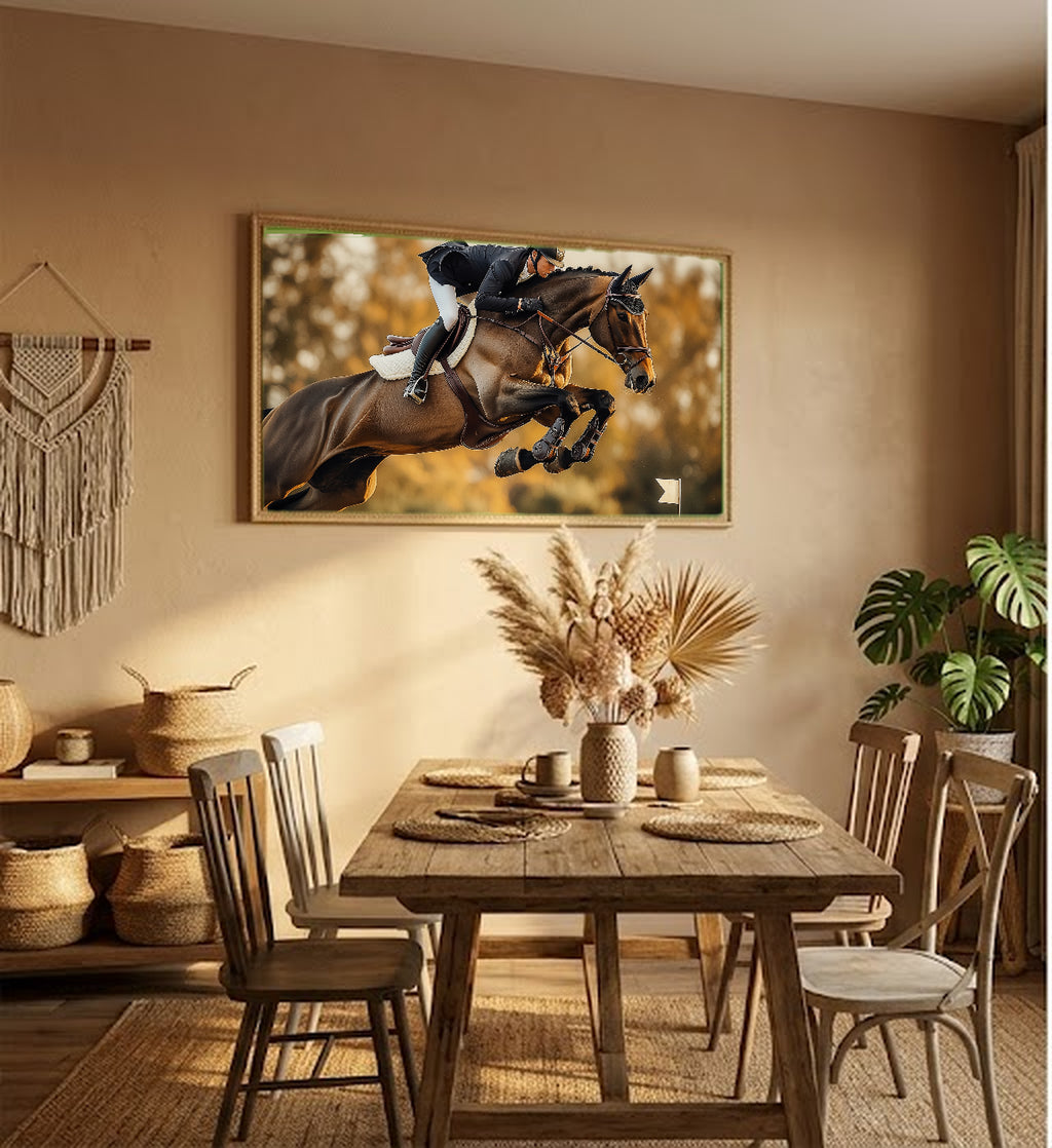 Show Jumper Canvas Wall Art | Equestrian Painterly Print, Horse Decor, Stretched Canvas — equestrian-show-jumper-hallway-wall-art.jpg