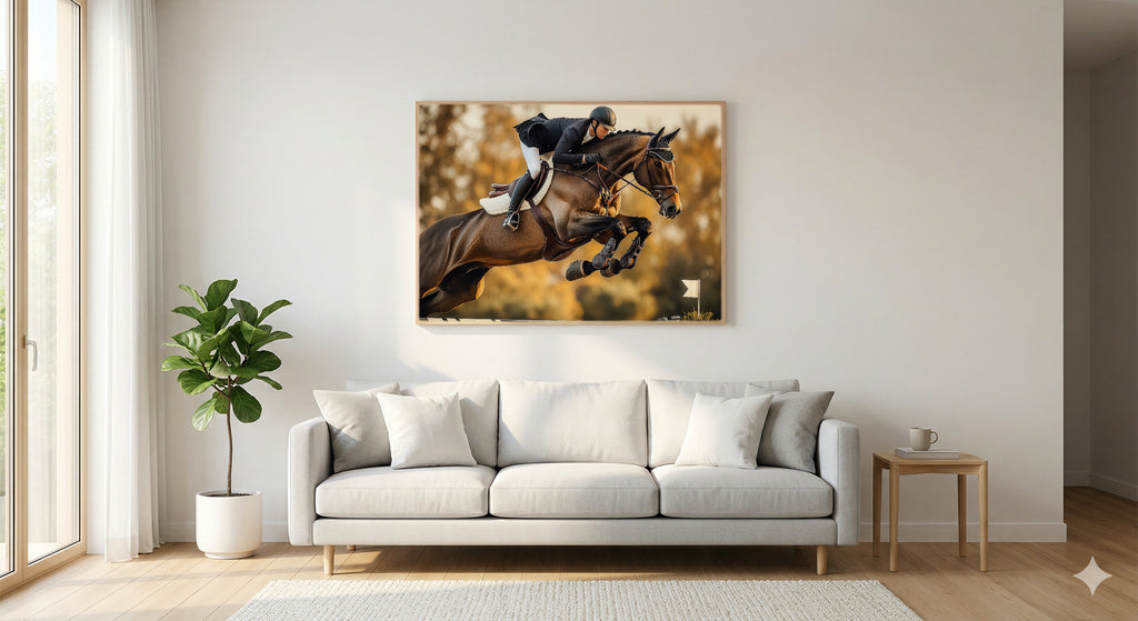 Show Jumper Canvas Wall Art | Equestrian Painterly Print, Horse Decor, Stretched Canvas — equestrian-show-jumper-living-room-wall-art.jpg