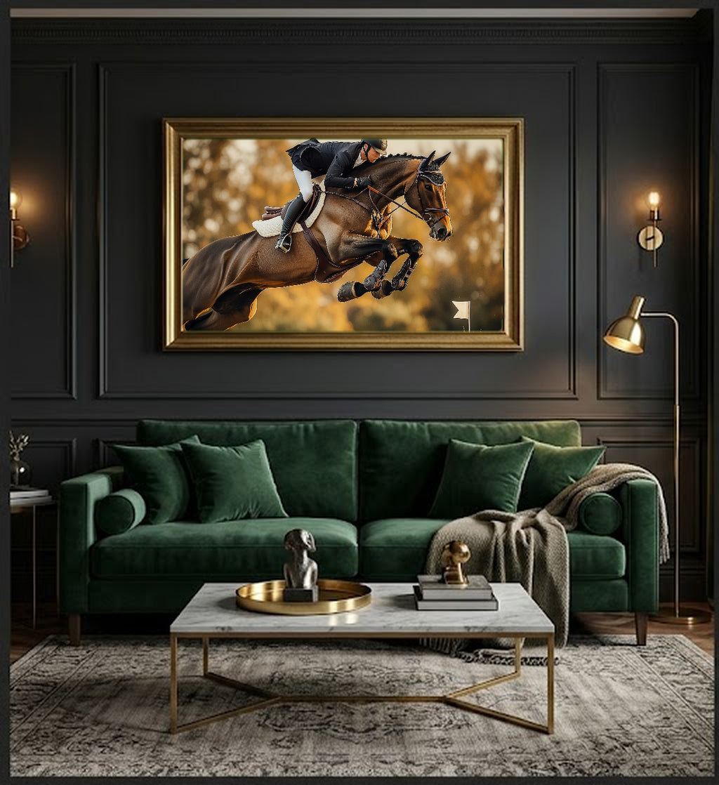 Show Jumper Canvas Wall Art | Equestrian Painterly Print, Horse Decor, Stretched Canvas — equestrian-show-jumper-office-wall-art.jpg