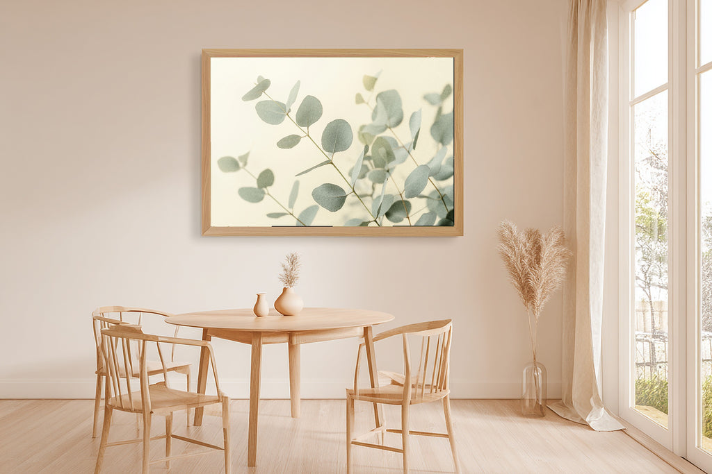 Eucalyptus Botanical Dusk Print on Stretched Canvas — Cozy Soft Nordic for the Bedroom, Gift for the Aurora Chaser Next Door — eucalyptus-botanical-dusk-dining-room-wall-art.jpg