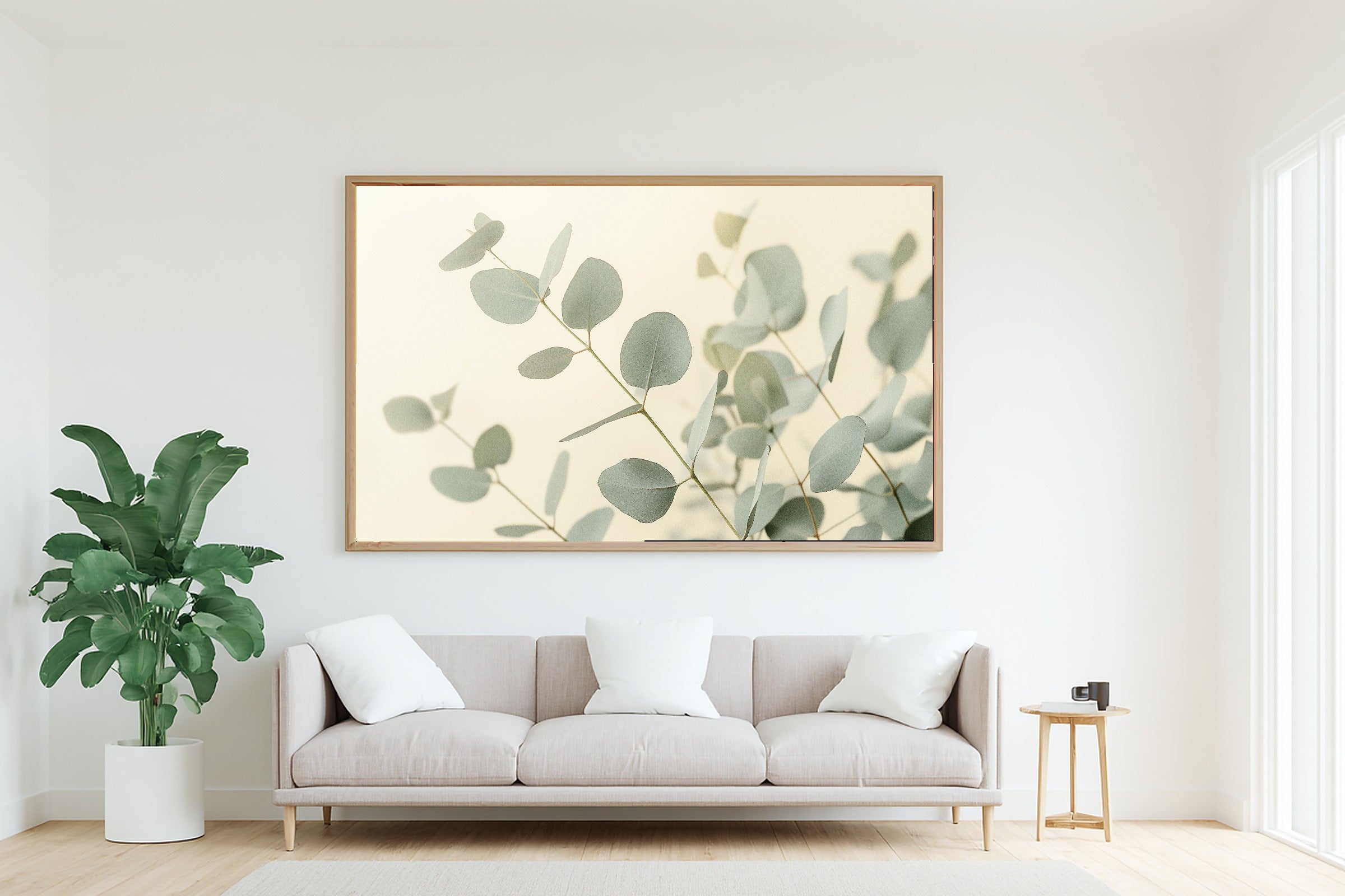 Eucalyptus Botanical Dusk Print on Stretched Canvas — Cozy Soft Nordic for the Bedroom, Gift for the Aurora Chaser Next Door — eucalyptus-botanical-dusk-living-room-wall-art.jpg