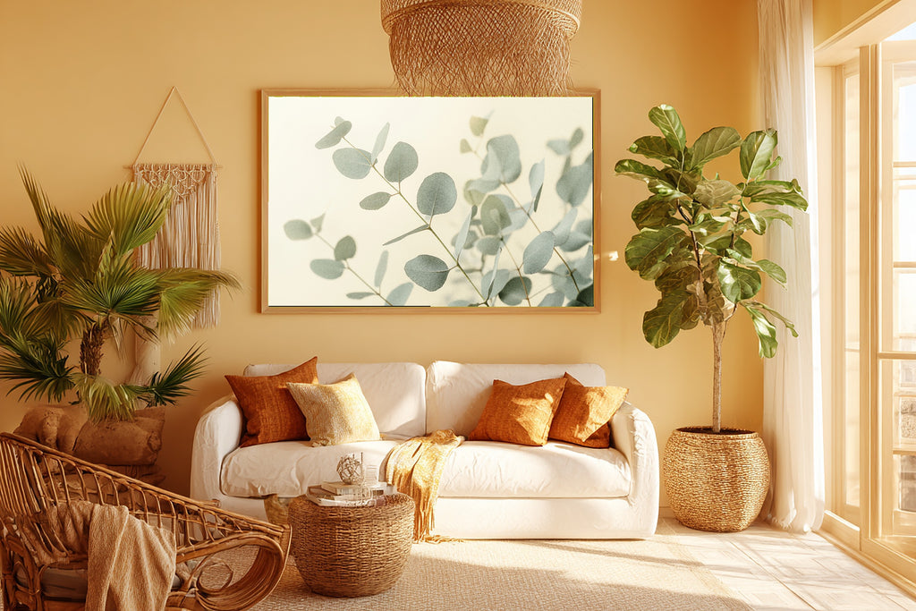 Eucalyptus Botanical Dusk Print on Stretched Canvas — Cozy Soft Nordic for the Bedroom, Gift for the Aurora Chaser Next Door — eucalyptus-botanical-dusk-room-5-wall-art.jpg