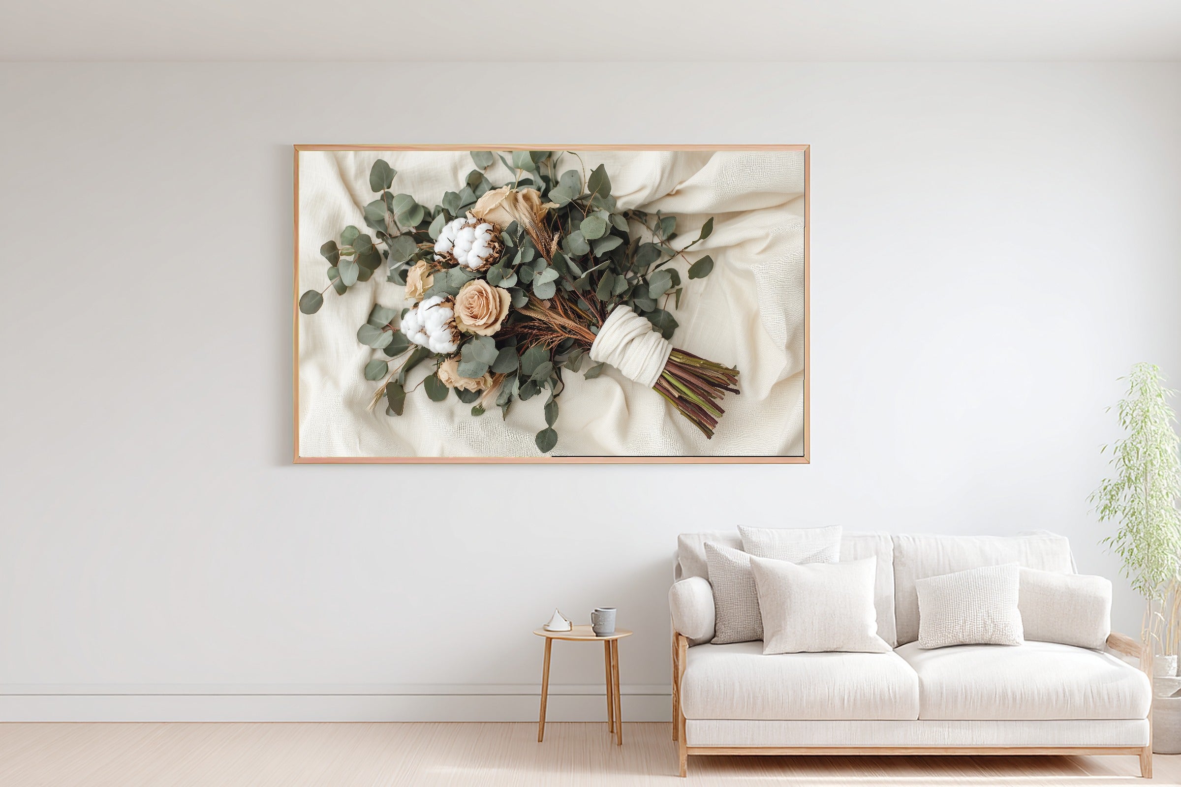 Eucalyptus Pampas Wedding Bouquet Stretched Canvas Print for the Living Room, Dreamy Timeless Artwork, Warm Soulful Tones — eucalyptus-pampas-wedding-bouquet-bedroom-wall-art.jpg