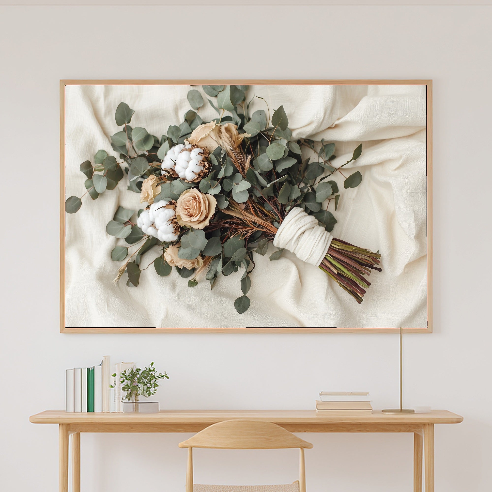 Eucalyptus Pampas Wedding Bouquet Stretched Canvas Print for the Living Room, Dreamy Timeless Artwork, Warm Soulful Tones — eucalyptus-pampas-wedding-bouquet-canvas-print.jpg