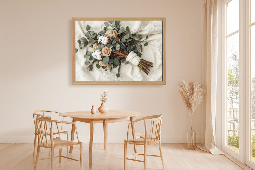 Eucalyptus Pampas Wedding Bouquet Stretched Canvas Print for the Living Room, Dreamy Timeless Artwork, Warm Soulful Tones — eucalyptus-pampas-wedding-bouquet-dining-room-wall-art.jpg