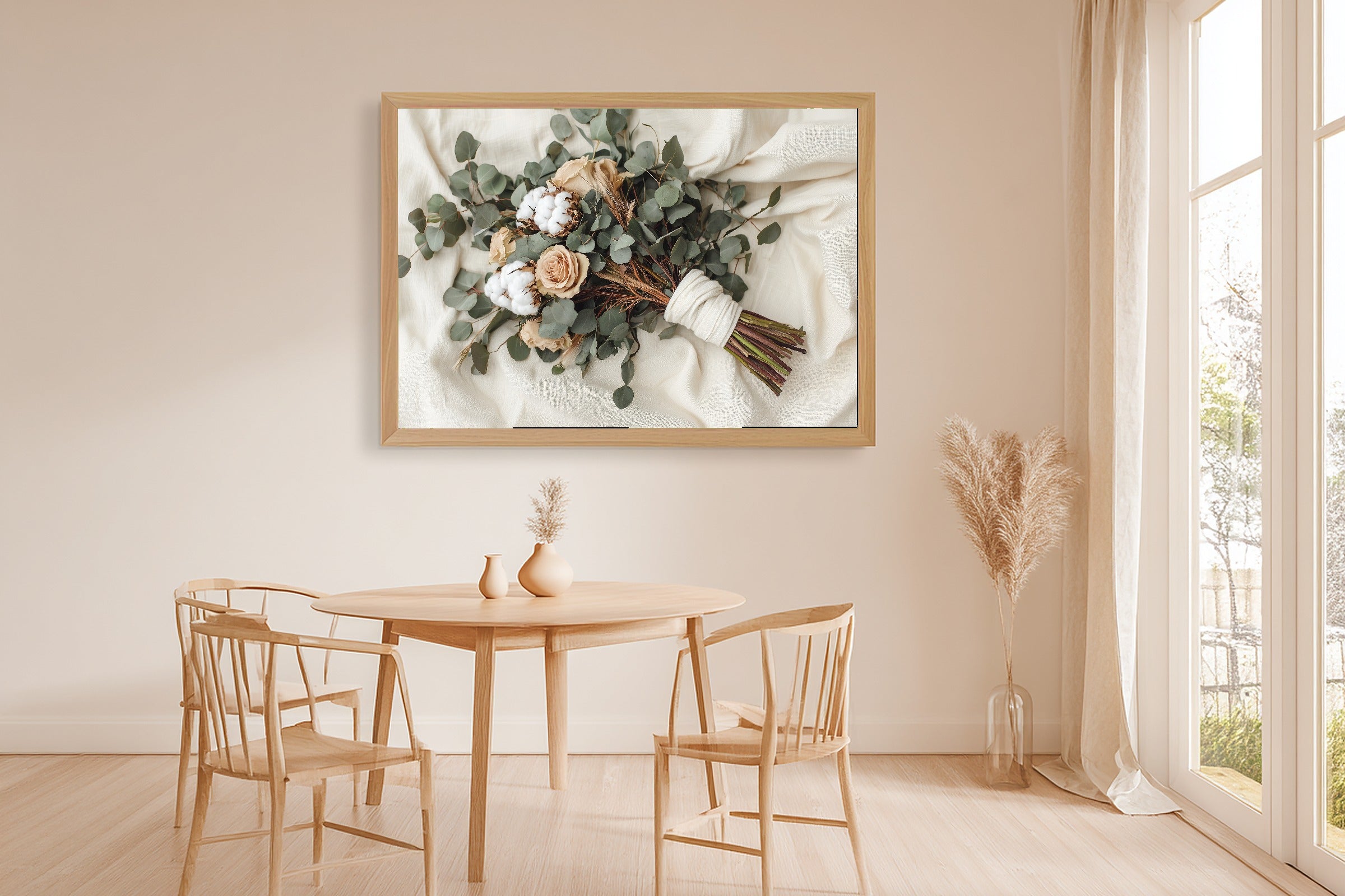 Eucalyptus Pampas Wedding Bouquet Stretched Canvas Print for the Living Room, Dreamy Timeless Artwork, Warm Soulful Tones — eucalyptus-pampas-wedding-bouquet-dining-room-wall-art.jpg