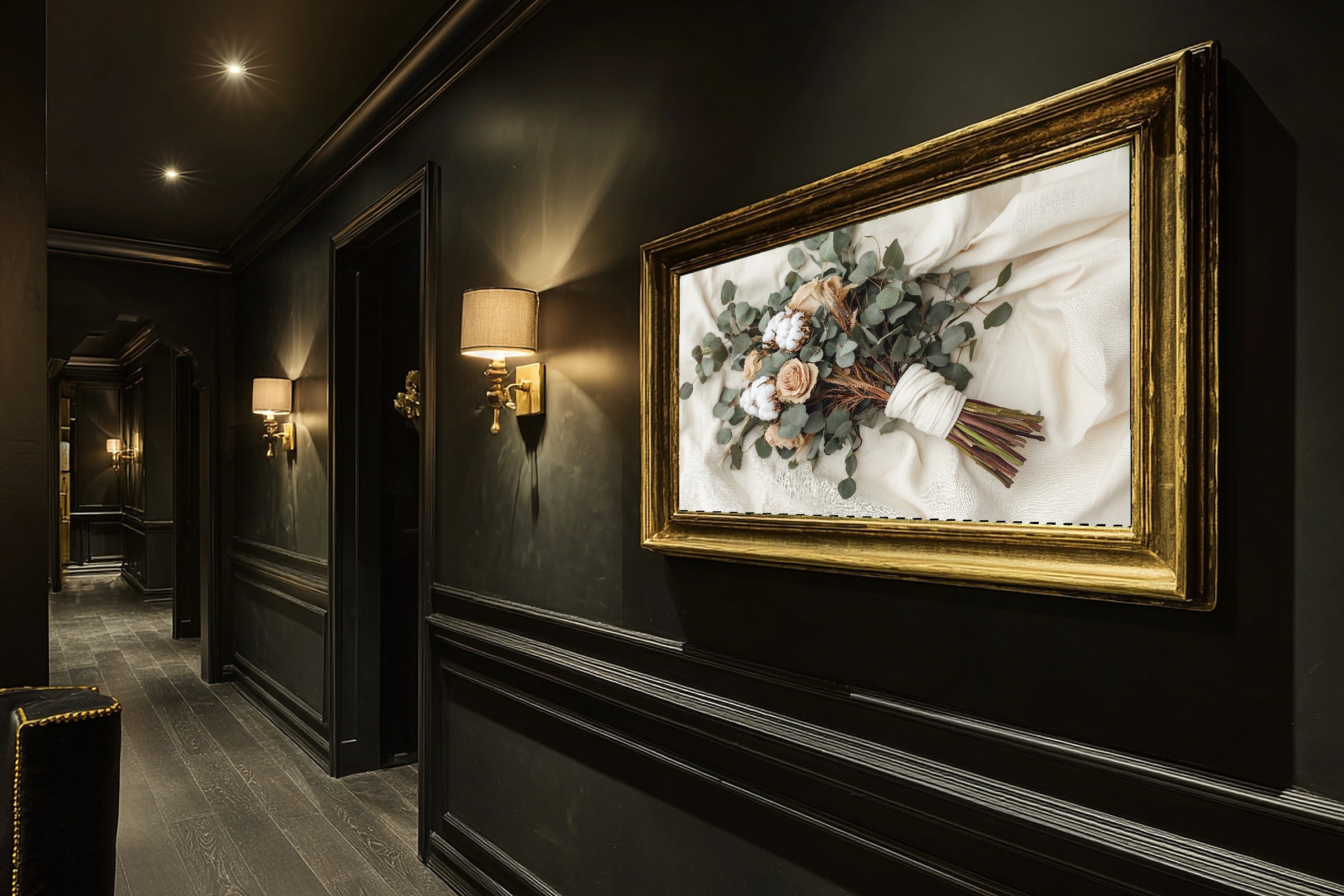 Eucalyptus Pampas Wedding Bouquet Stretched Canvas Print for the Living Room, Dreamy Timeless Artwork, Warm Soulful Tones — eucalyptus-pampas-wedding-bouquet-hallway-wall-art.jpg