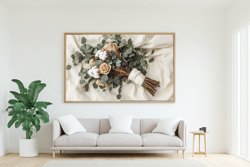 Eucalyptus Pampas Wedding Bouquet Stretched Canvas Print for the Living Room, Dreamy Timeless Artwork, Warm Soulful Tones — eucalyptus-pampas-wedding-bouquet-living-room-wall-art.jpg