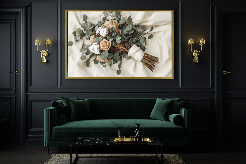 Eucalyptus Pampas Wedding Bouquet Stretched Canvas Print for the Living Room, Dreamy Timeless Artwork, Warm Soulful Tones — eucalyptus-pampas-wedding-bouquet-office-wall-art.jpg