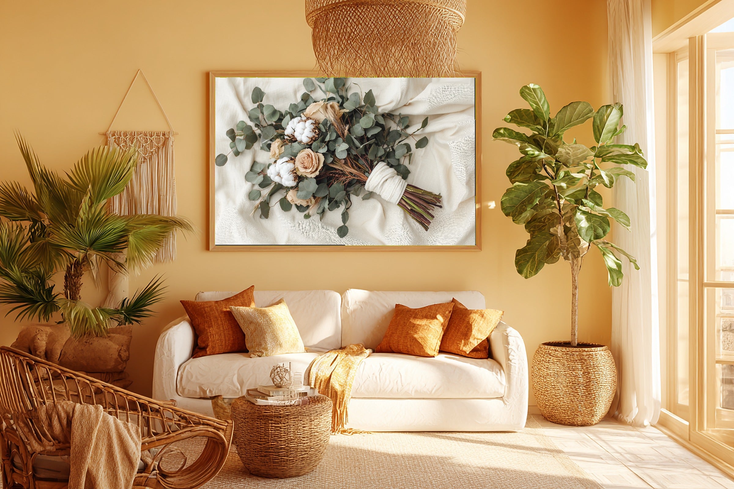 Eucalyptus Pampas Wedding Bouquet Stretched Canvas Print for the Living Room, Dreamy Timeless Artwork, Warm Soulful Tones — eucalyptus-pampas-wedding-bouquet-room-5-wall-art.jpg