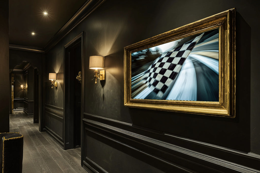 Timeless F1 Checkered Flag Abstract — Bold Mid-Century Wall Art, Warm Kitchen Decor, Stretched Canvas, Ready to Hang — f1-checkered-flag-abstract-hallway-wall-art.jpg