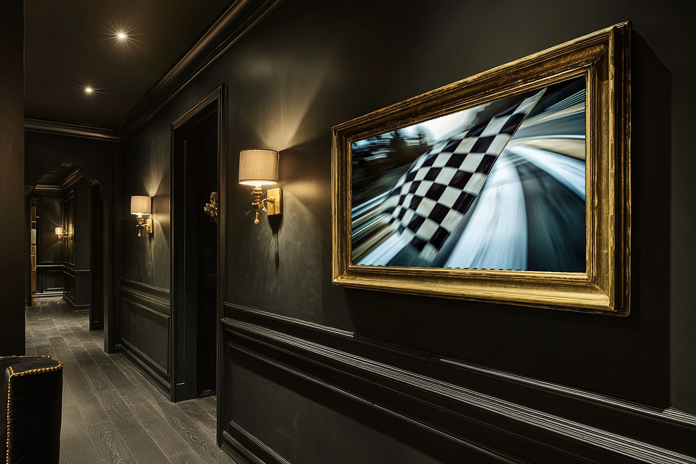 Timeless F1 Checkered Flag Abstract — Bold Mid-Century Wall Art, Warm Kitchen Decor, Stretched Canvas, Ready to Hang — f1-checkered-flag-abstract-hallway-wall-art.jpg