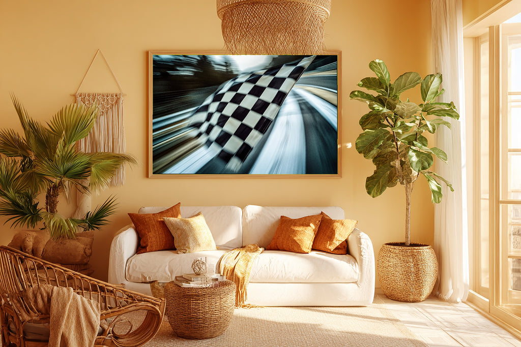 Timeless F1 Checkered Flag Abstract — Bold Mid-Century Wall Art, Warm Kitchen Decor, Stretched Canvas, Ready to Hang — f1-checkered-flag-abstract-room-5-wall-art.jpg