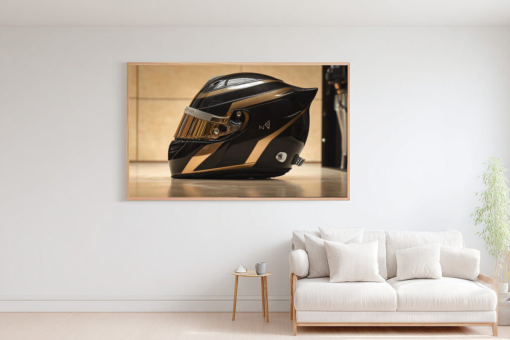 Dreamy Timeless F1 Helmet Profile Gold Black Canvas Wall Art — Quiet Print for the Living Room, A Gift the Art Lover in Your Life Will Adore — f1-helmet-profile-gold-black-bedroom-wall-art.jpg