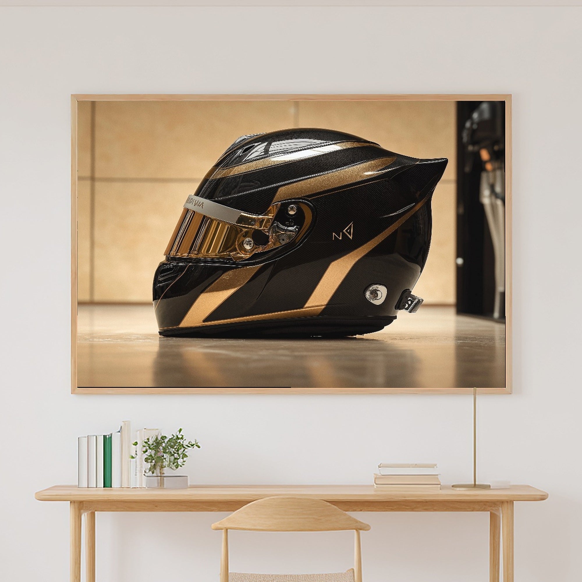 Dreamy Timeless F1 Helmet Profile Gold Black Canvas Wall Art — Quiet Print for the Living Room, A Gift the Art Lover in Your Life Will Adore — f1-helmet-profile-gold-black-canvas-print.jpg