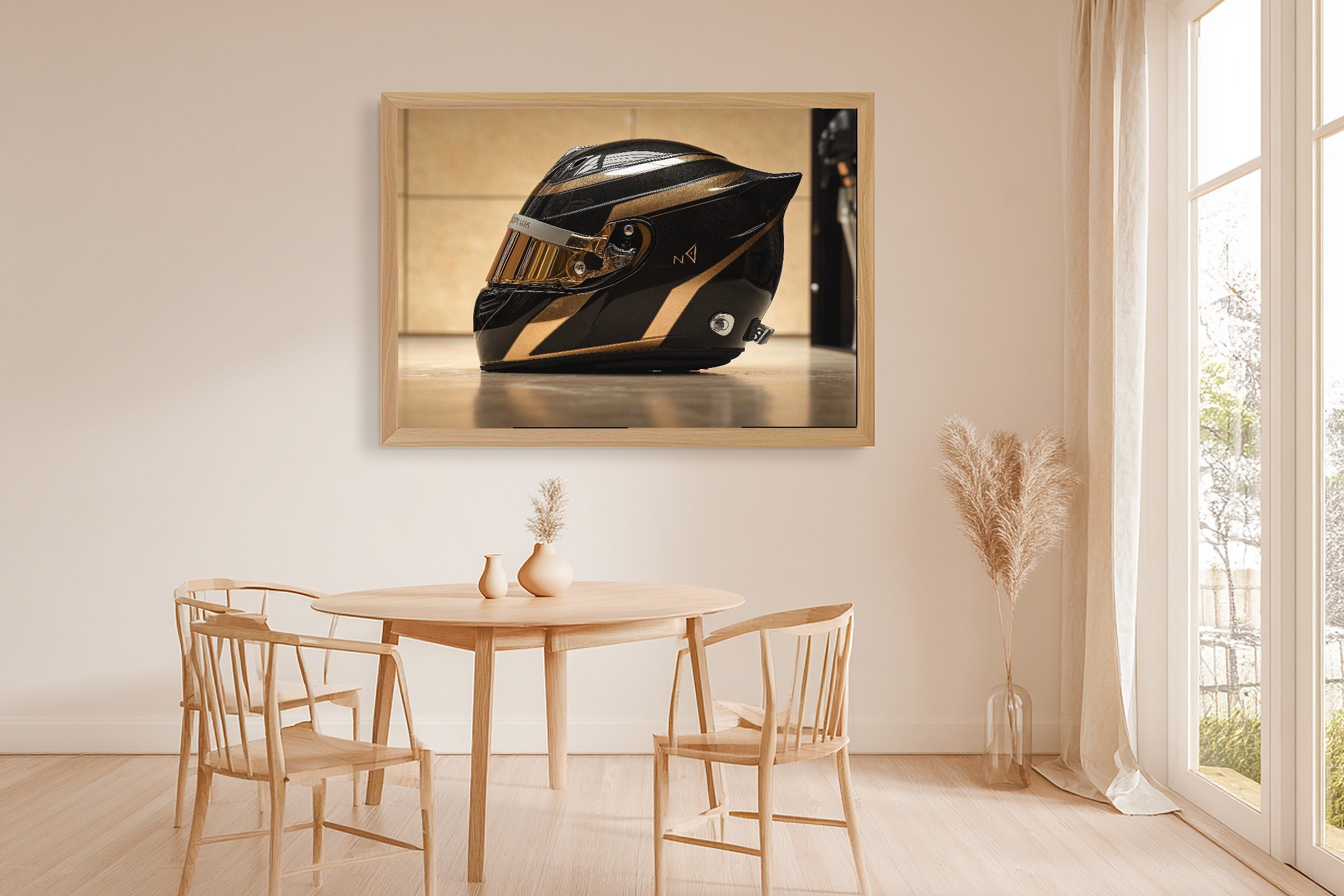 Dreamy Timeless F1 Helmet Profile Gold Black Canvas Wall Art — Quiet Print for the Living Room, A Gift the Art Lover in Your Life Will Adore — f1-helmet-profile-gold-black-dining-room-wall-art.jpg