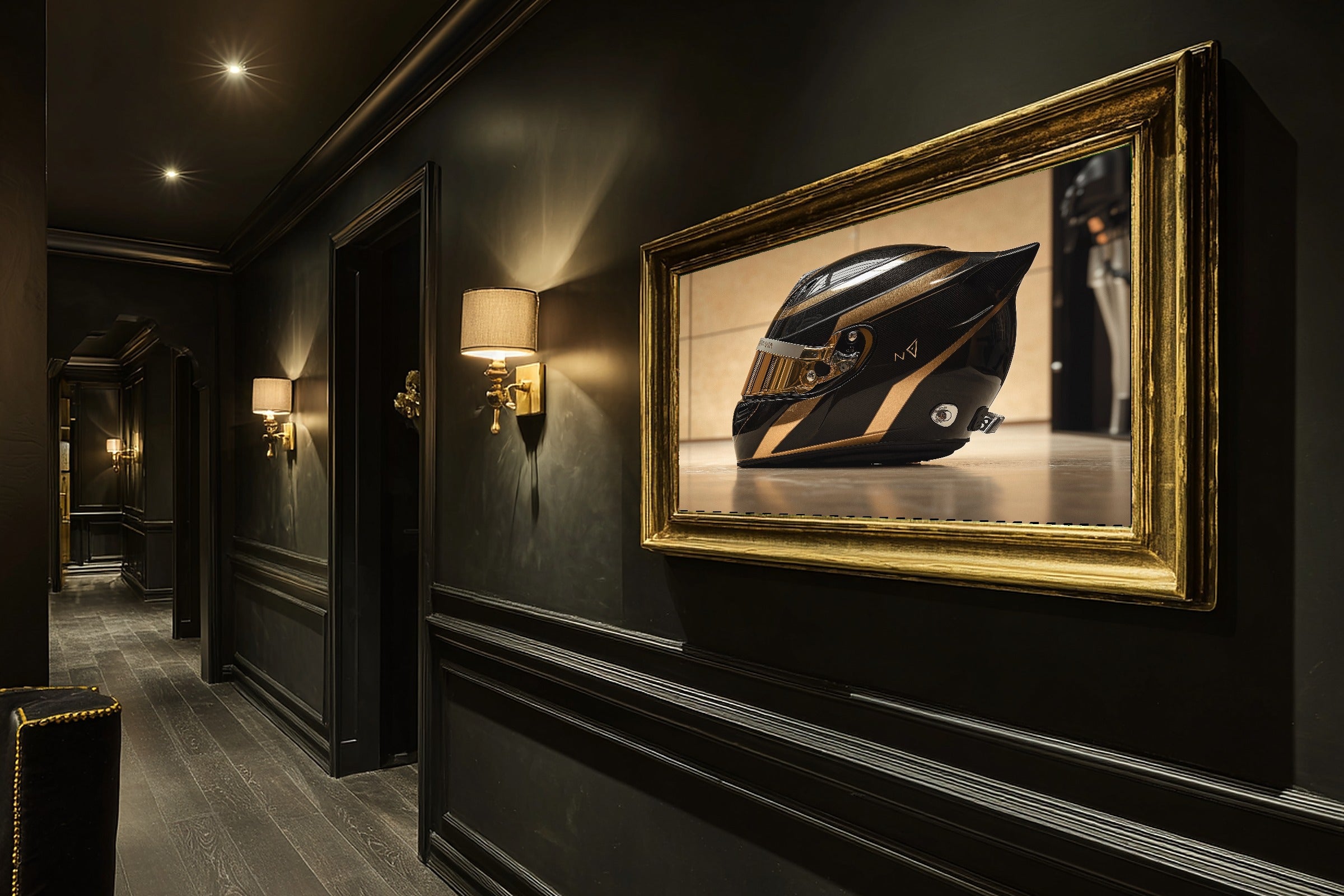 Dreamy Timeless F1 Helmet Profile Gold Black Canvas Wall Art — Quiet Print for the Living Room, A Gift the Art Lover in Your Life Will Adore — f1-helmet-profile-gold-black-hallway-wall-art.jpg