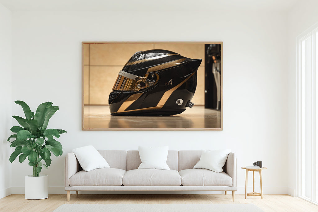 Dreamy Timeless F1 Helmet Profile Gold Black Canvas Wall Art — Quiet Print for the Living Room, A Gift the Art Lover in Your Life Will Adore — f1-helmet-profile-gold-black-living-room-wall-art.jpg