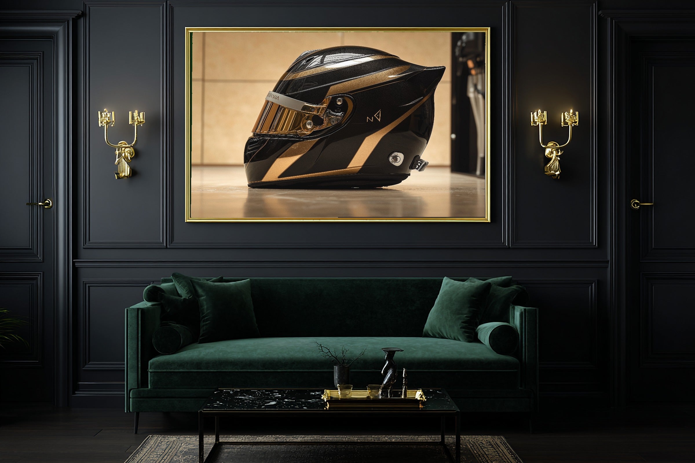Dreamy Timeless F1 Helmet Profile Gold Black Canvas Wall Art — Quiet Print for the Living Room, A Gift the Art Lover in Your Life Will Adore — f1-helmet-profile-gold-black-office-wall-art.jpg