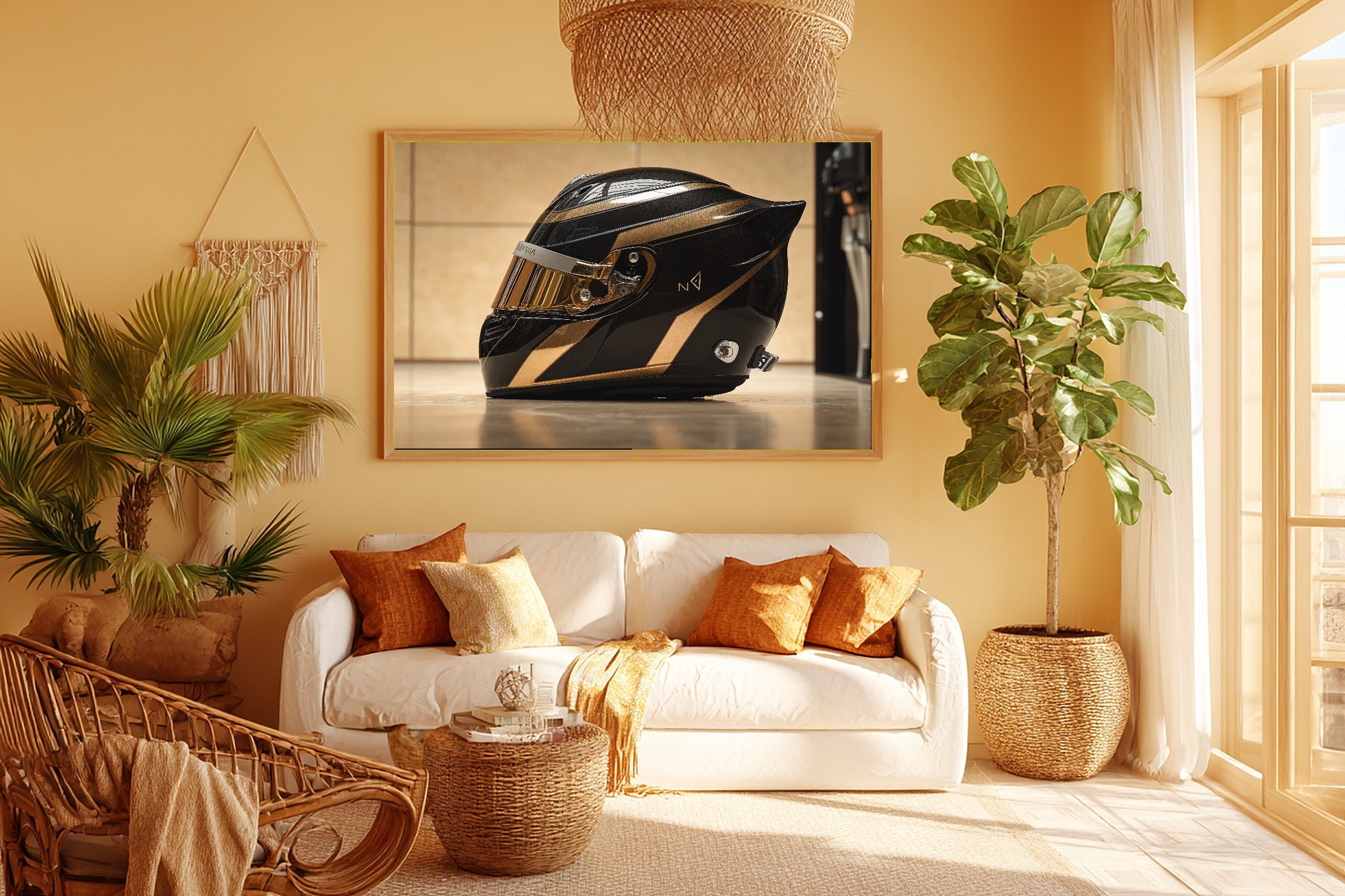 Dreamy Timeless F1 Helmet Profile Gold Black Canvas Wall Art — Quiet Print for the Living Room, A Gift the Art Lover in Your Life Will Adore — f1-helmet-profile-gold-black-room-5-wall-art.jpg