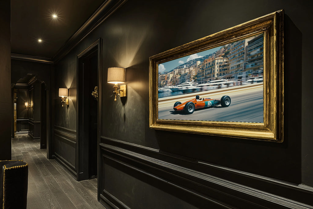 F1 Monaco Grand Prix Retro Cozy Studio Wall Art — Soulful Print for the Living Room, Stretched Canvas Gift for the Art Lover in Your Life — f1-monaco-grand-prix-retro-hallway-wall-art.jpg