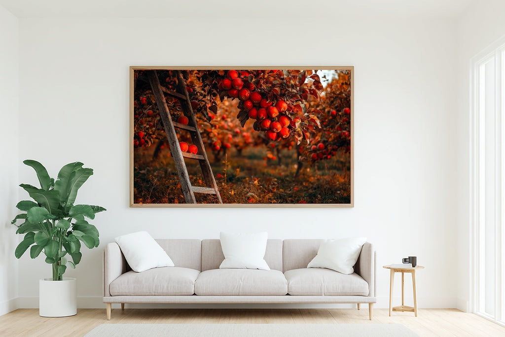Soft Tidal Fall Apple Orchard Ladder Painterly — Dreamy Seaside Wall Art, Warm Beach House Decor, Stretched Canvas, Ready to Hang — fall-apple-orchard-ladder-painterly-living-room-wall-art.jpg