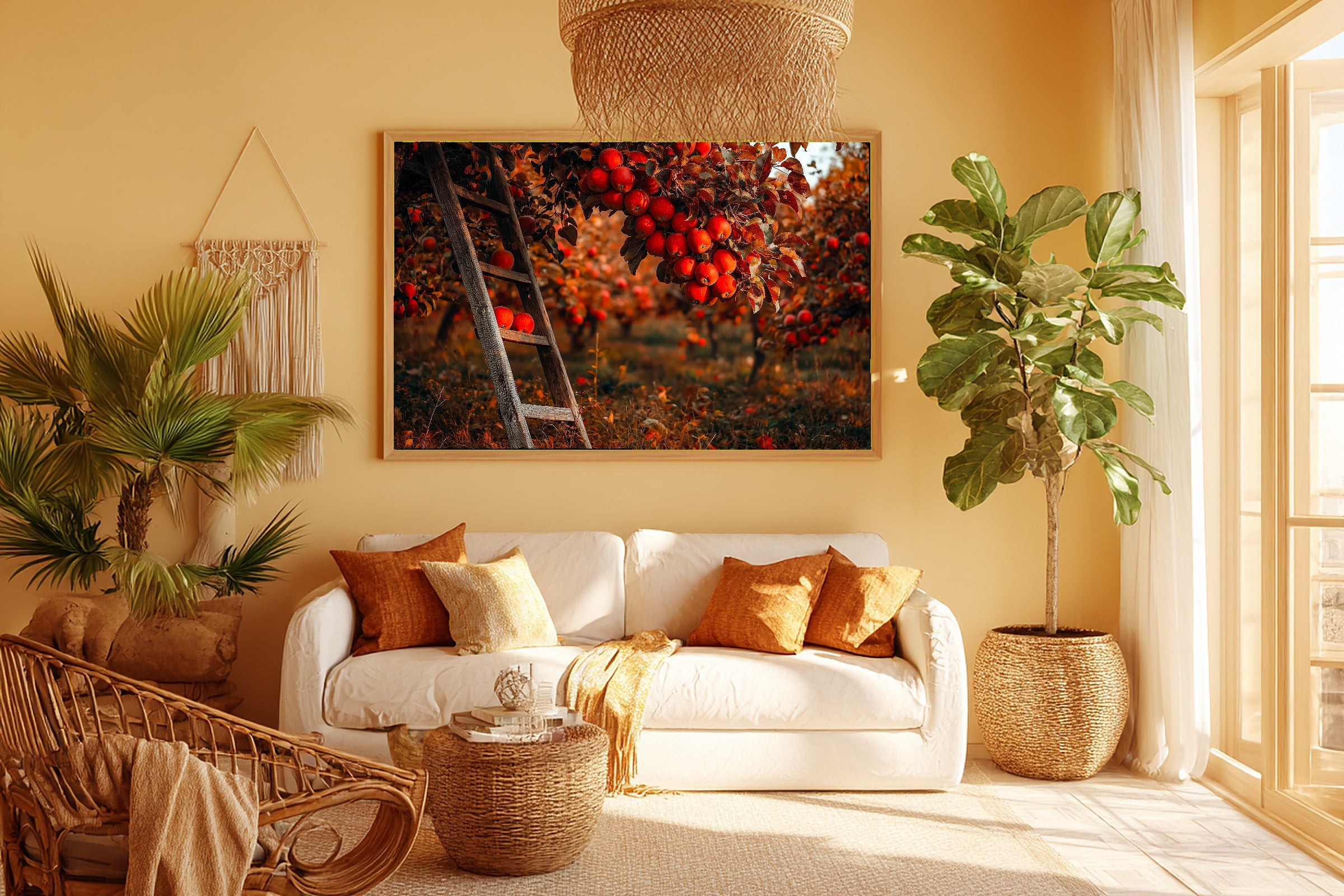 Soft Tidal Fall Apple Orchard Ladder Painterly — Dreamy Seaside Wall Art, Warm Beach House Decor, Stretched Canvas, Ready to Hang — fall-apple-orchard-ladder-painterly-room-5-wall-art.jpg