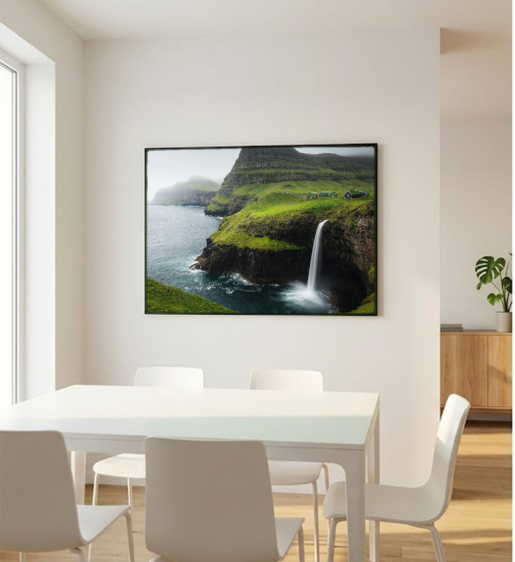 Faroe Islands Canvas Wall Art | Mulafossur Waterfall Print, North Atlantic Decor, Dramatic Landscape, Stretched Canvas — faroe-islands-bedroom-wall-art.jpg