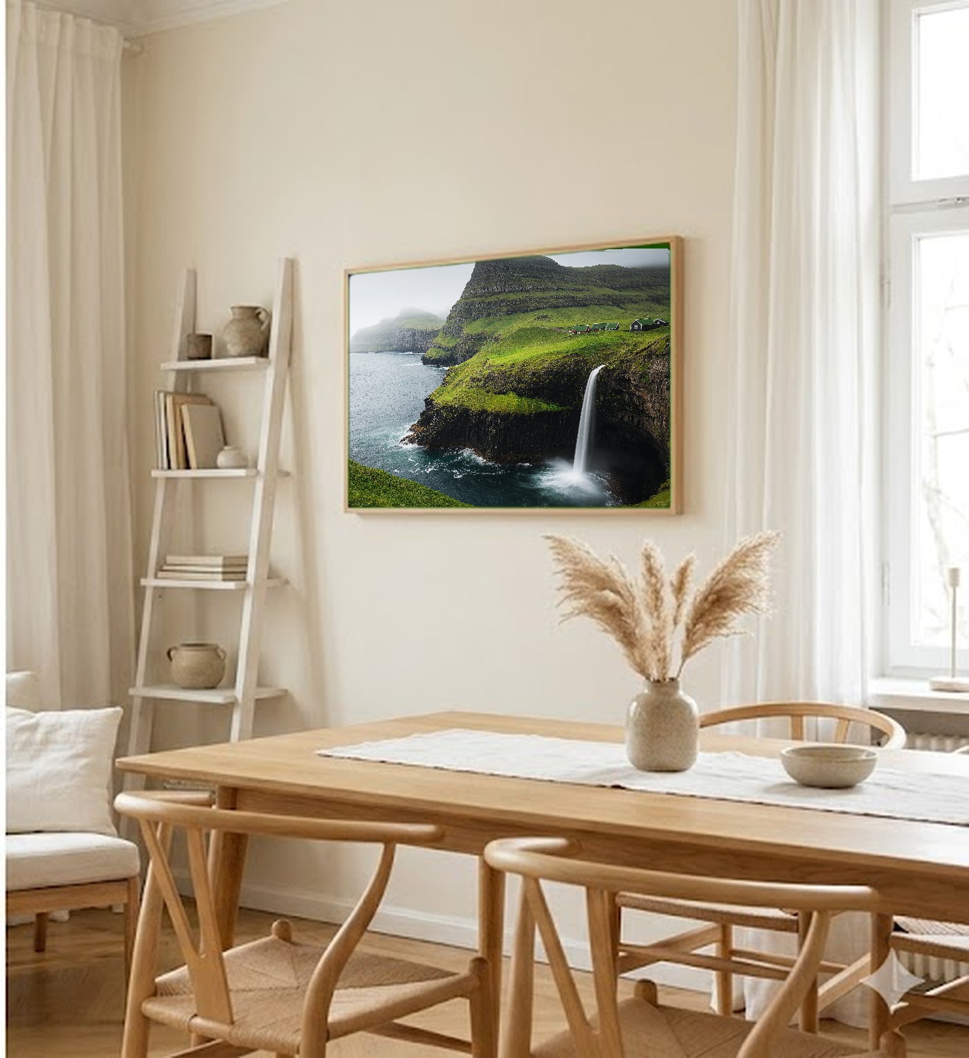 Faroe Islands Canvas Wall Art | Mulafossur Waterfall Print, North Atlantic Decor, Dramatic Landscape, Stretched Canvas — faroe-islands-dining-room-wall-art.jpg