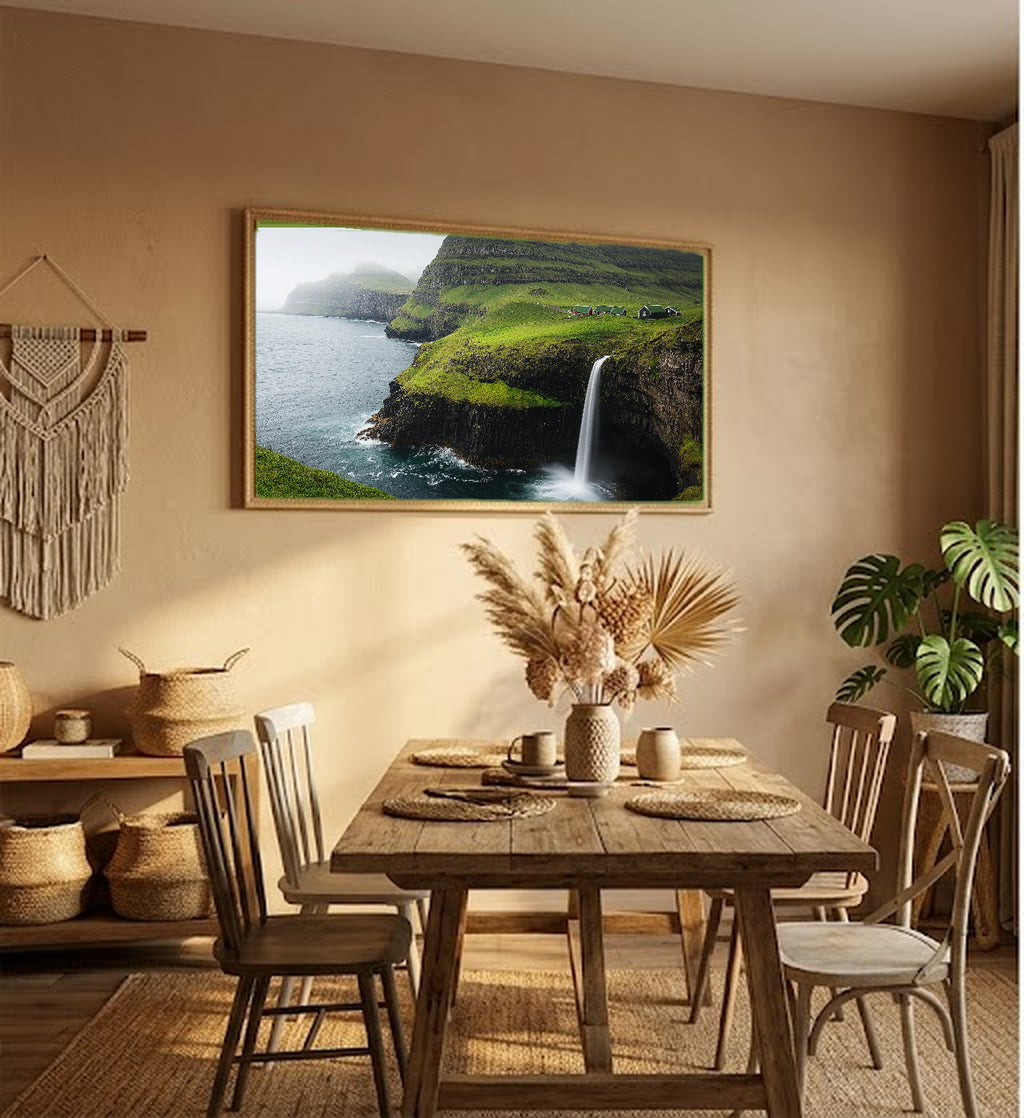 Faroe Islands Canvas Wall Art | Mulafossur Waterfall Print, North Atlantic Decor, Dramatic Landscape, Stretched Canvas — faroe-islands-hallway-wall-art.jpg