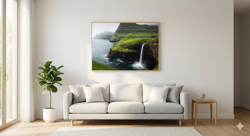 Faroe Islands Canvas Wall Art | Mulafossur Waterfall Print, North Atlantic Decor, Dramatic Landscape, Stretched Canvas — faroe-islands-living-room-wall-art.jpg