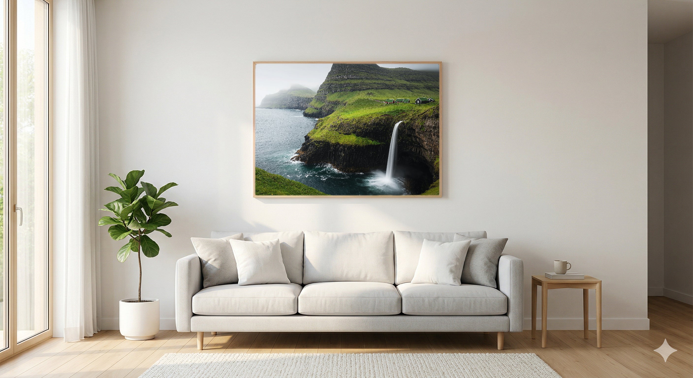Faroe Islands Canvas Wall Art | Mulafossur Waterfall Print, North Atlantic Decor, Dramatic Landscape, Stretched Canvas — faroe-islands-living-room-wall-art.jpg